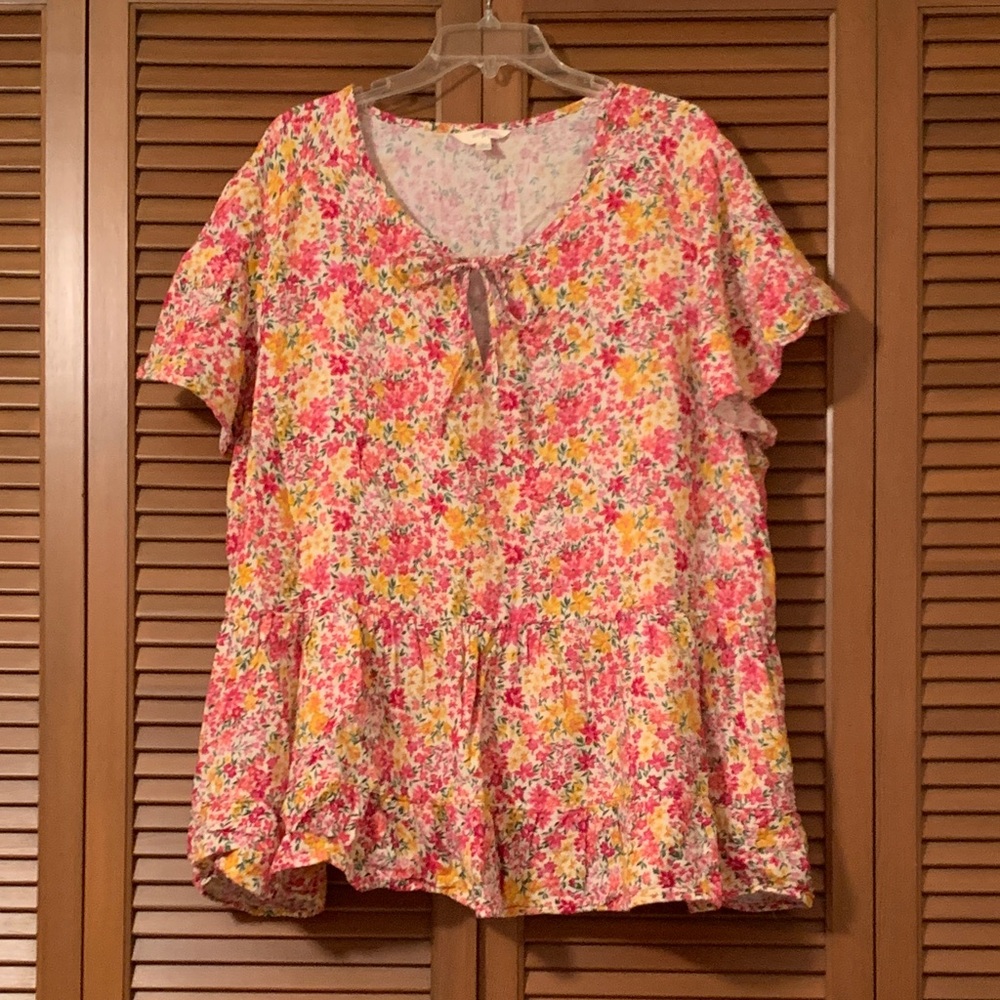 Terra and Sky Cotton Bright Floral Tiered Peasant Top 4X 28W - 30W